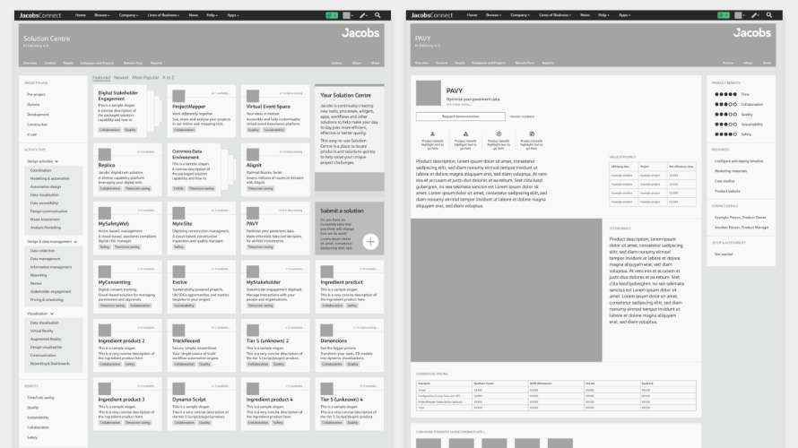 Solution Centre lofi wireframes